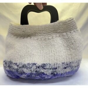 Handmade Purple & Cream Felted Wool Sweater Bag Purse Black Wooden Handles